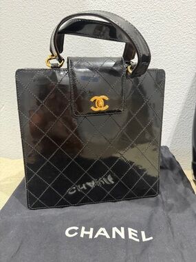 CHANEL Black Quilted Patent Leather Top-Handle Mini Bag with Gold CC authentic